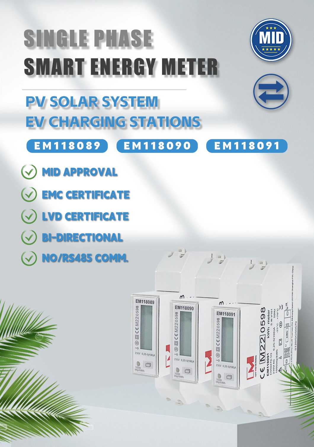 Em118089/90/91 Single Phase RS485 DIN Rail Solar Bidirectional Energy Meter